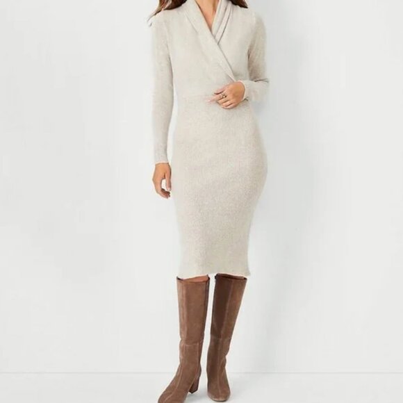 Ann Taylor Shawl Neck Sweater Dress Tan M - Picture 1 of 6